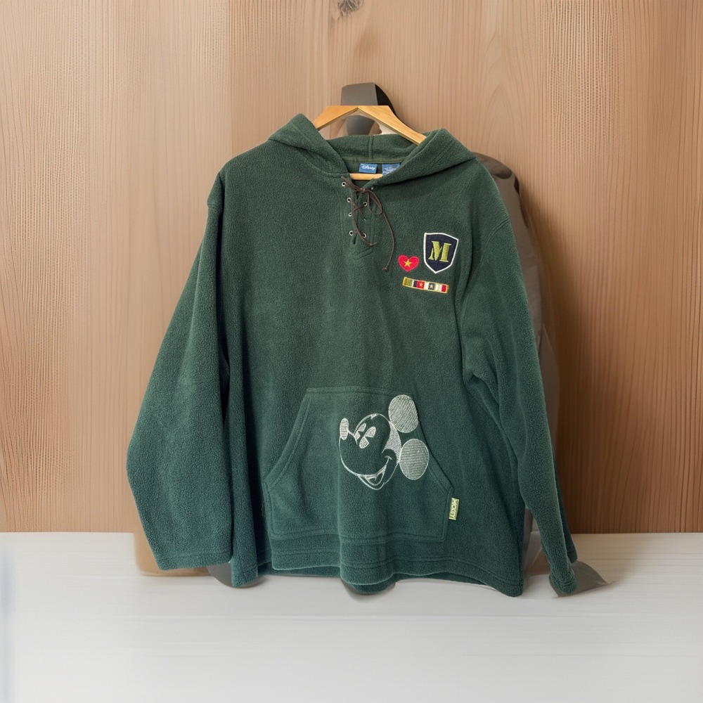 Vintage Mickey Mouse Fleece Hoodie‎ Pullover Women Green L